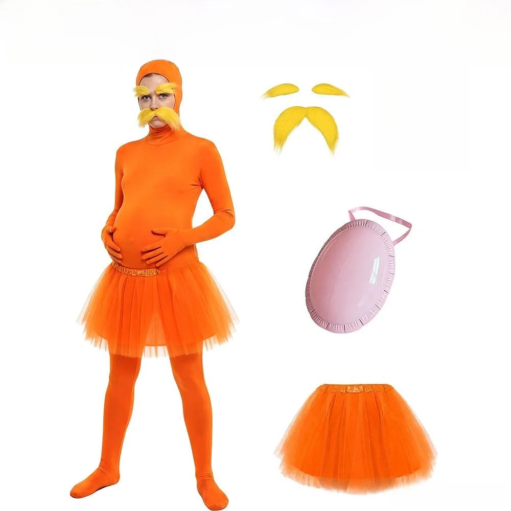 Lorax Adult Cosplay Suit Full Cover Zentai Onesie Halloween Costume Orange Polyester Customizable Washable Limited Edition