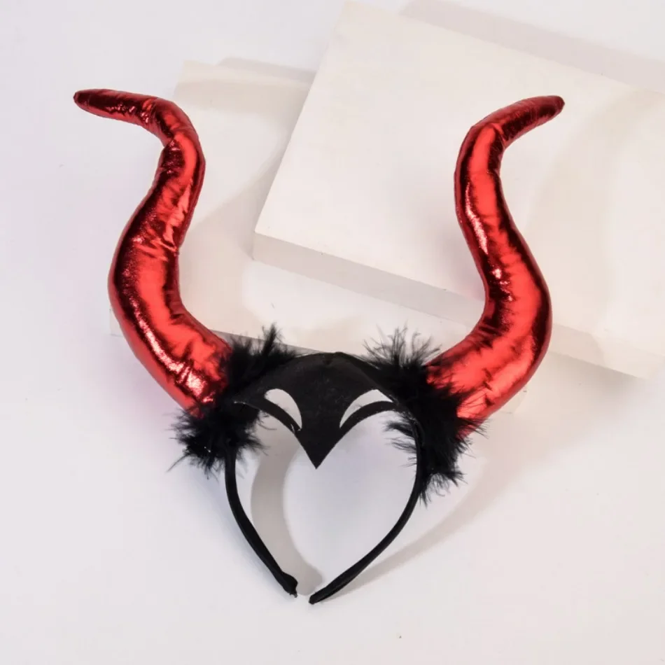 Women Kids Black Queen Demon Long Ox Horns Headwear Cosplay Evil Witch Headpiece Halloween Carnival Party Costume Hair Hoop Prop