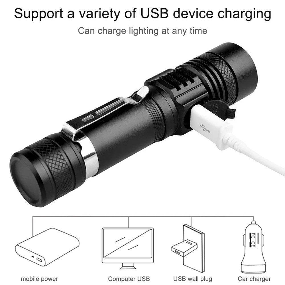 Outdoor Portable Pen Clip Torch Powerful LED Flashlight USB Rechargeable Strong Light Lantern Zoom Super Bright Hand Lamp