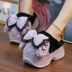 New pink bowknot gothic slippers women winter chunky slides girls harajuku shoes thick sole slipper woman fluffy high heel mules