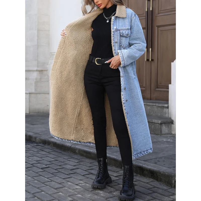 

Winter Women Faux Fur Mid Length Coats Jackets Elegant Turn Down Collar Coat Thick Denim Streetwear Jacket Ladies Outerwear