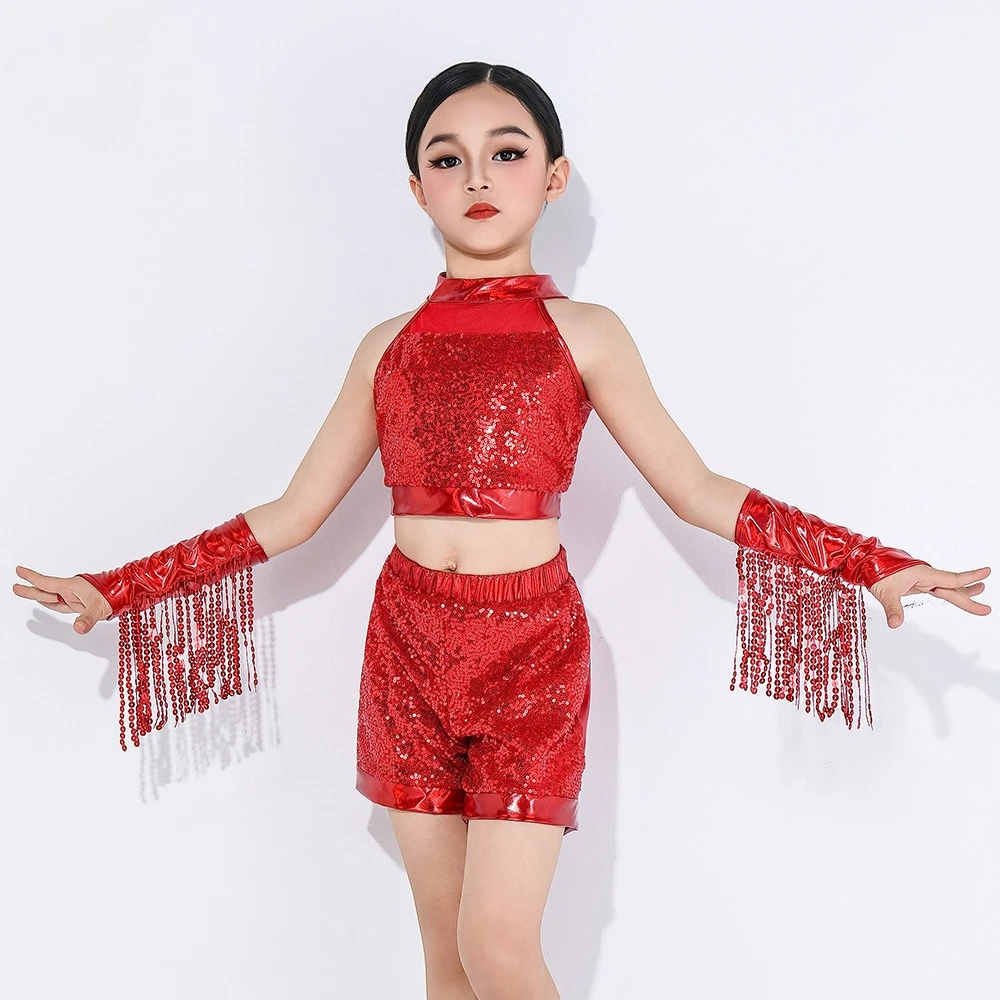 Kids Clothes Fashion Clothing Girls Children's Latin Stage Performance Costumes Party Suit Sequins Tassels Dance Wear Set
