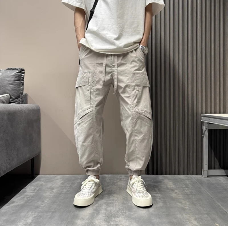 

Trend fashion 2024 new casual pants men's casual pants elastic waist drawstring multi-pocket design bunched foot pants overalls