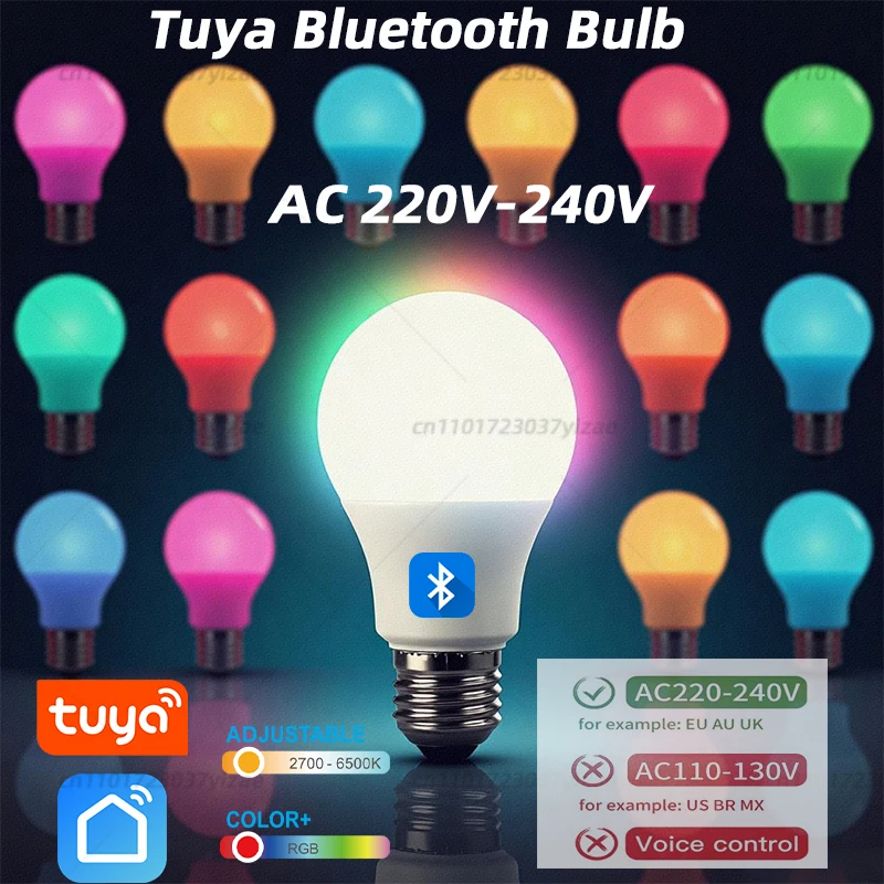 لمبة Tuya الذكية 220 فولت A60 - تمكين بلوتوث، تغيير اللون، وظيفة التوقيت لغرفة النوم/غرفة المعيشة
