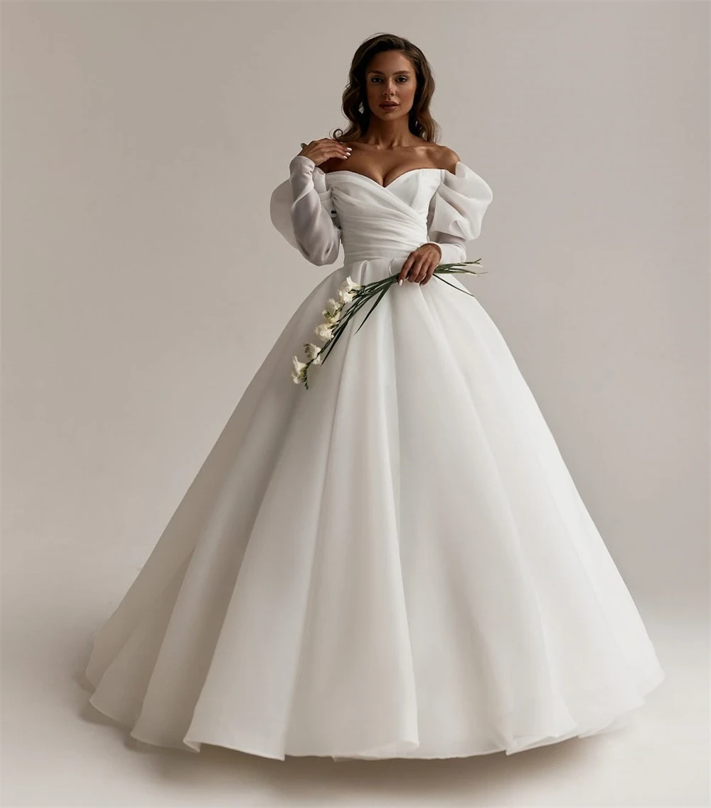 Vestido de novia de Organza blanco elegante personalizado, vestidos de novia sexis de manga larga con escote en forma de corazón, vestido de novia bohemio de corte en A