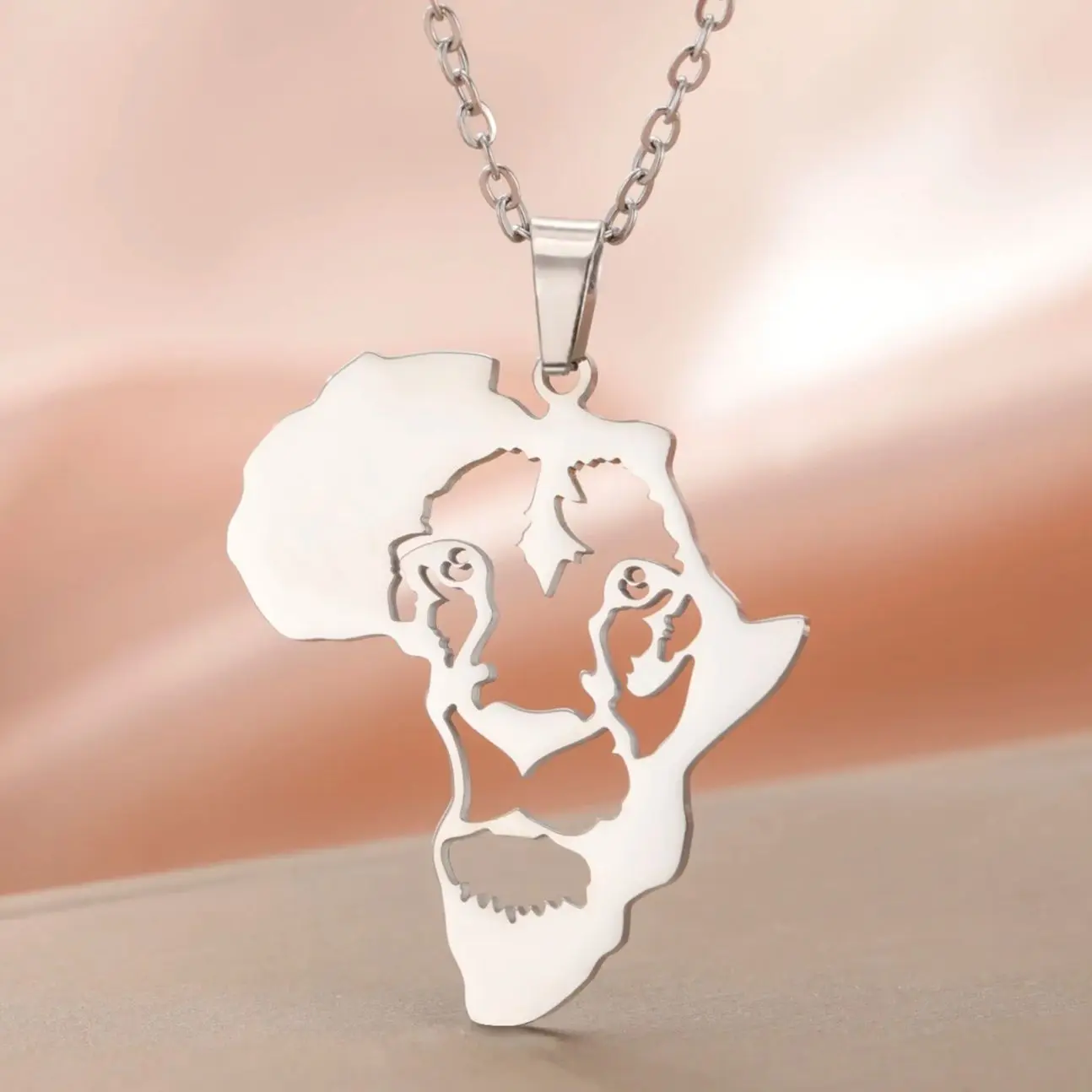 LIKGREAT Hollow Africa Lion Pendant Necklace Stainless Steel South African Map Ethnic Choker Hiphop Punk Jewelry for Women Men