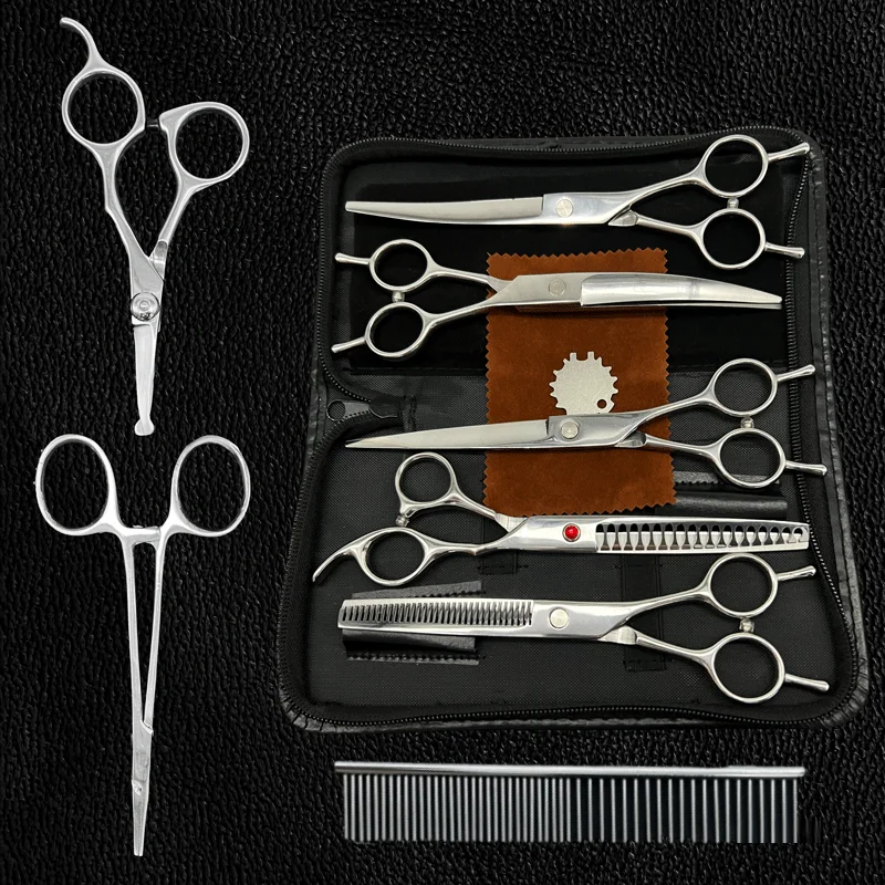 

8pcs Professional Dog Shears Kit - 7Inch Dog Grooming Scissors Set Curved Pet Grooming Scissors Dog Hair Cutting Tools