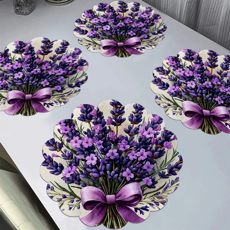 VIKAMA 4-Piece Lavender Bouquet Placemats with Wavy Edges and Round Purple Bow Pattern for Home Table Decor and Accessories