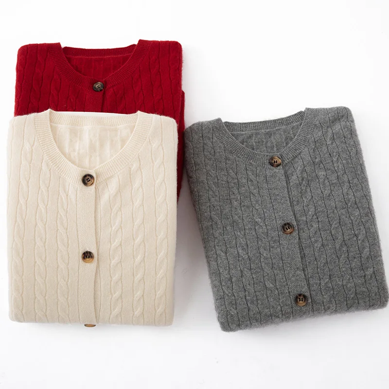 

Comfort O-Neck New Arrivals Cable Stitch Women's Cardigan 100% Cashmere Knitted Soft Warm Button Long Sleeve Sweater Tops