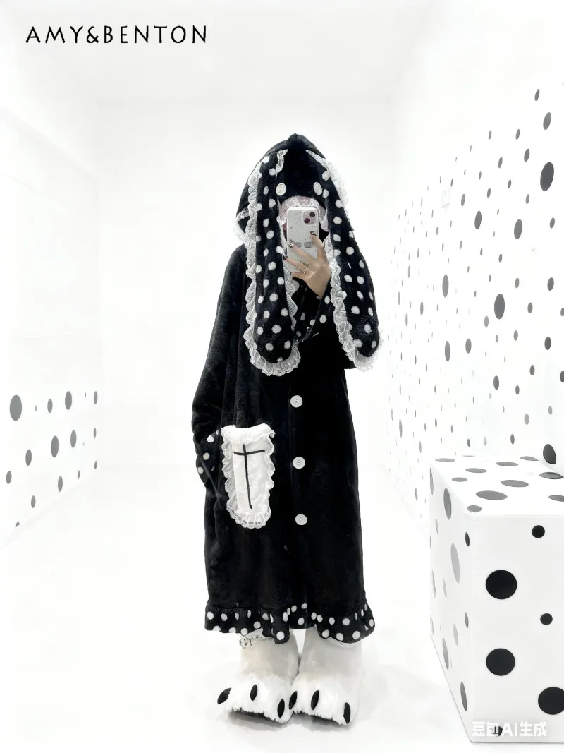 

Original Japanese Kawaii Rabbit Ear Coral Fleece Winter Homewear Subculture Flannel Pajamas Nightdress Thickened Gothic Pajamas