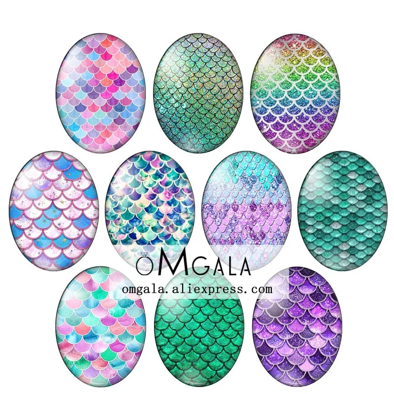 Shiny Gliter Fish Scale Patterns 10pcs mixed 13x18mm/18x25mm/30x40mm Oval photo glass cabochon demo flat back Making findings