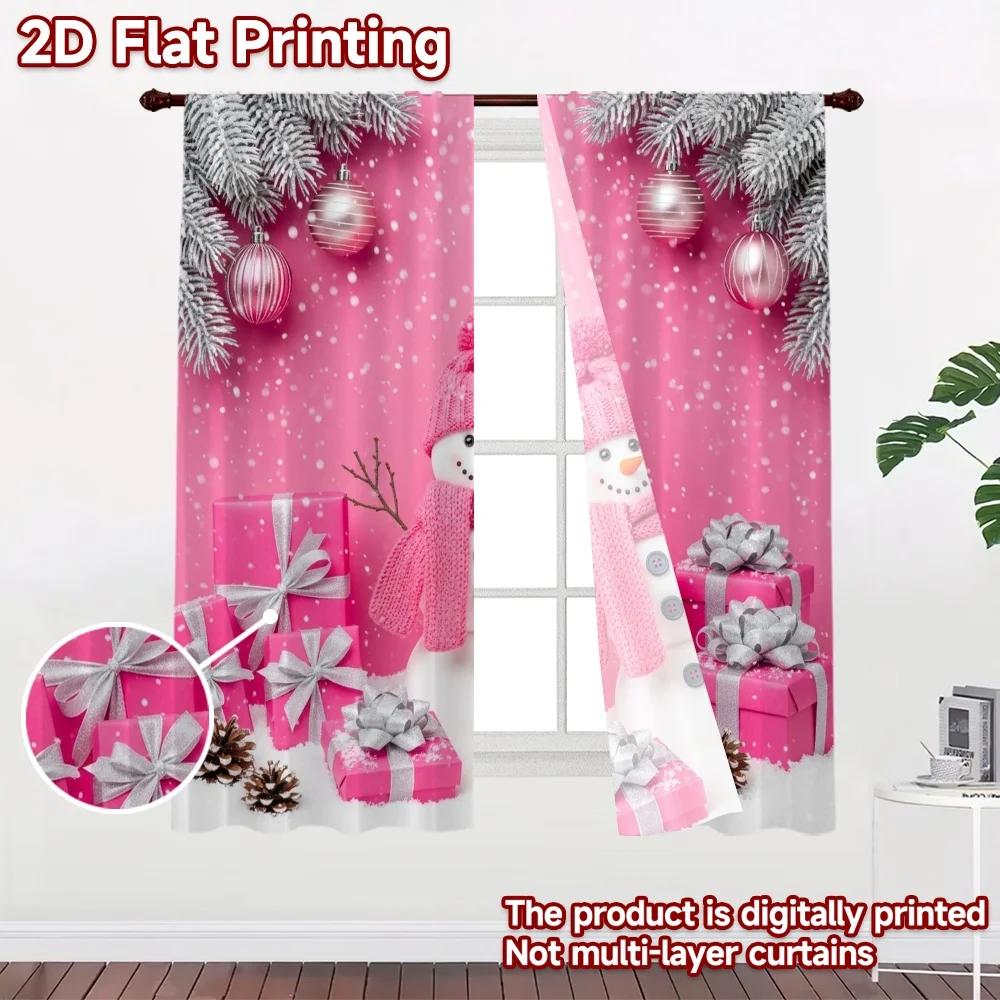 2D flat 2pcs Curtain Country Style Christmas Pink Snowman Gifts Durable polyester fiber Holiday Decorations Use for Bedroom