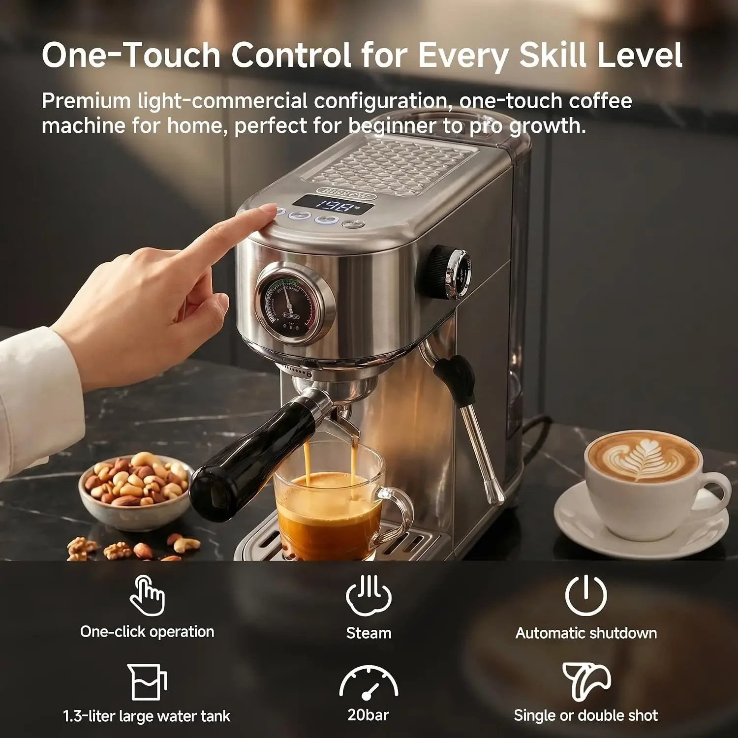H10B Programmable Espresso Machine with LED Display & Pressure Gauge | 20 Bar Compact Stainless Steel Coffee Maker with Milk