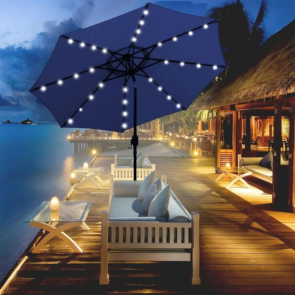 

9 ft Solar Umbrella 32 LED Lighted Patio Umbrella Table Market with Tilt and Crank Outdoor Umbrella for Garden, Deck