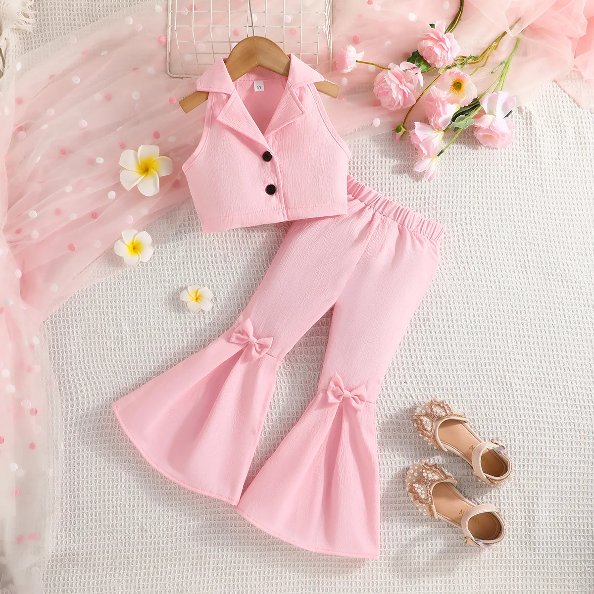 Summer New Sleeveless Lapel Short Top+Solid Color Bow Flared Pants Two-Piece Set for Girls Fashion Runway Set for 3-7 Years