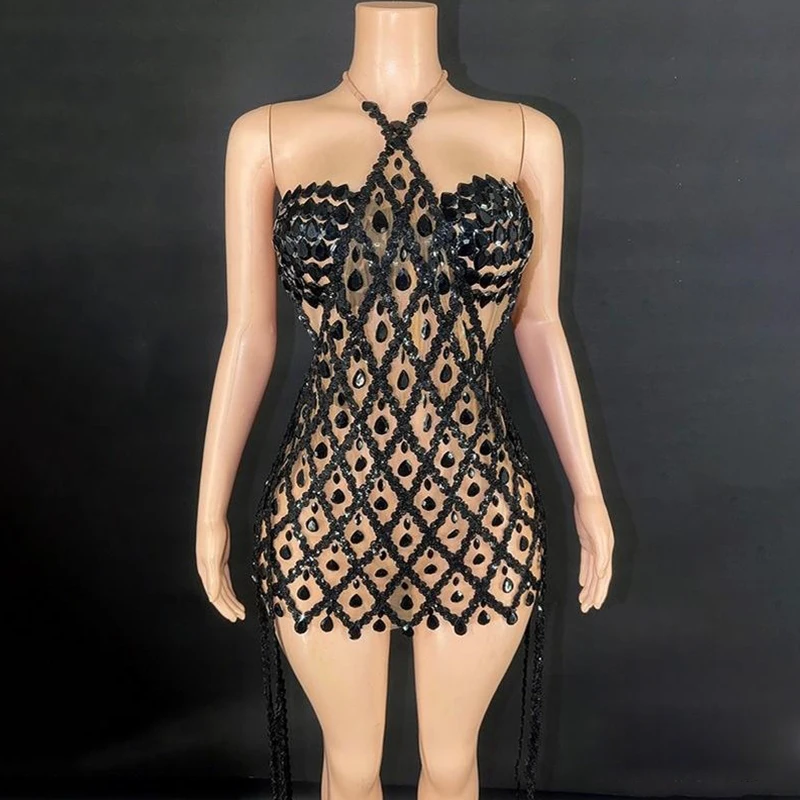 Sexy Black Party Dress Women Halter Short Dresses Nightcluba Gogo Dancer Clothing Singer Stage Costume Female Rave Wear