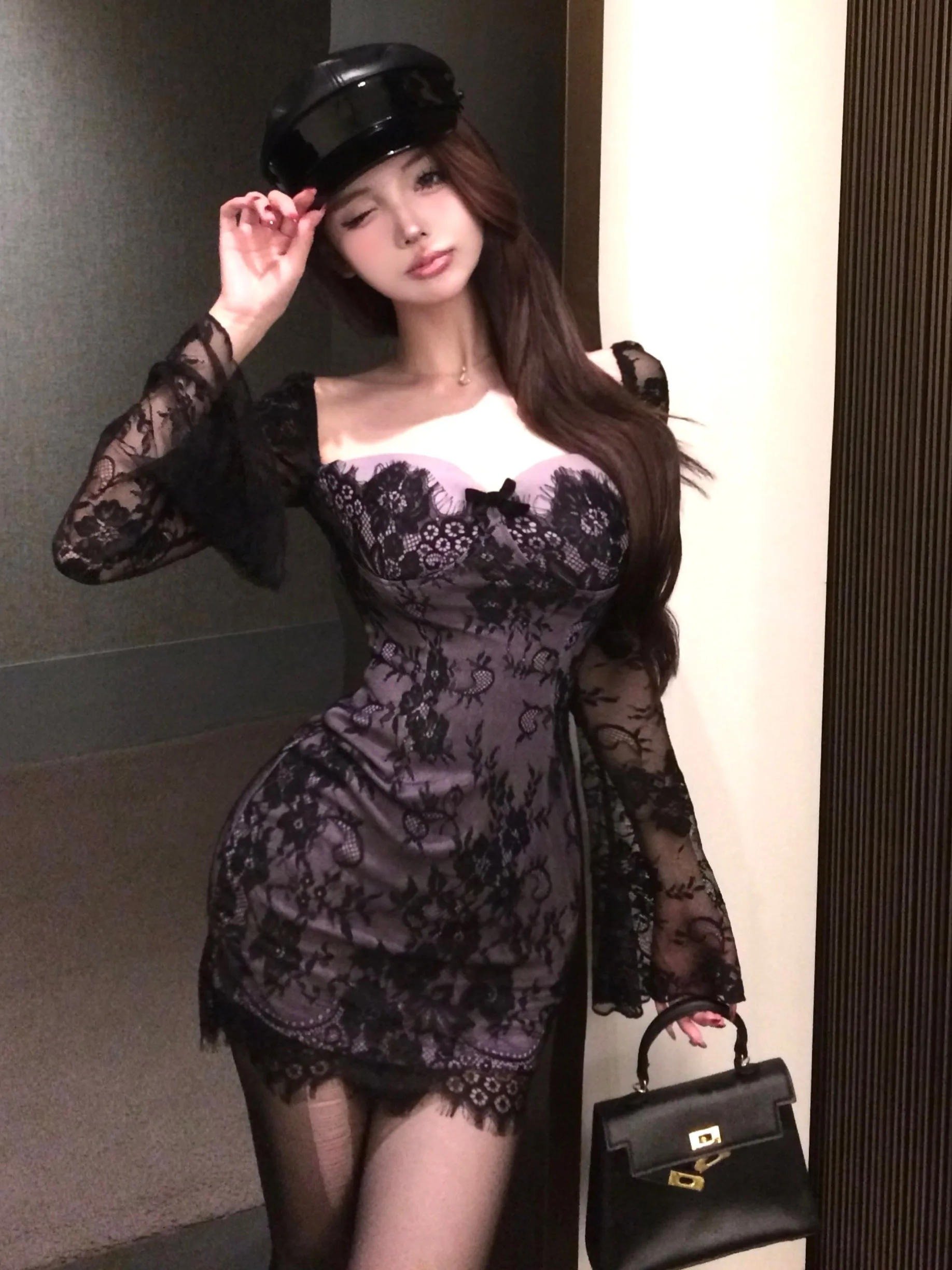 Sexy Square Neck Spitze Lila Minikleid Für Frauen Retro Ausgestattet Ausschnitt Bodycon Party Club Formale Kleid Y2K Ästhetik Kunst Kleidung