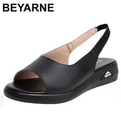 Shoes Women Genuine Leather Sandals Flat Platform Sandals Square Toe Cow Leather Ladies Footwear Summer Black Fashion