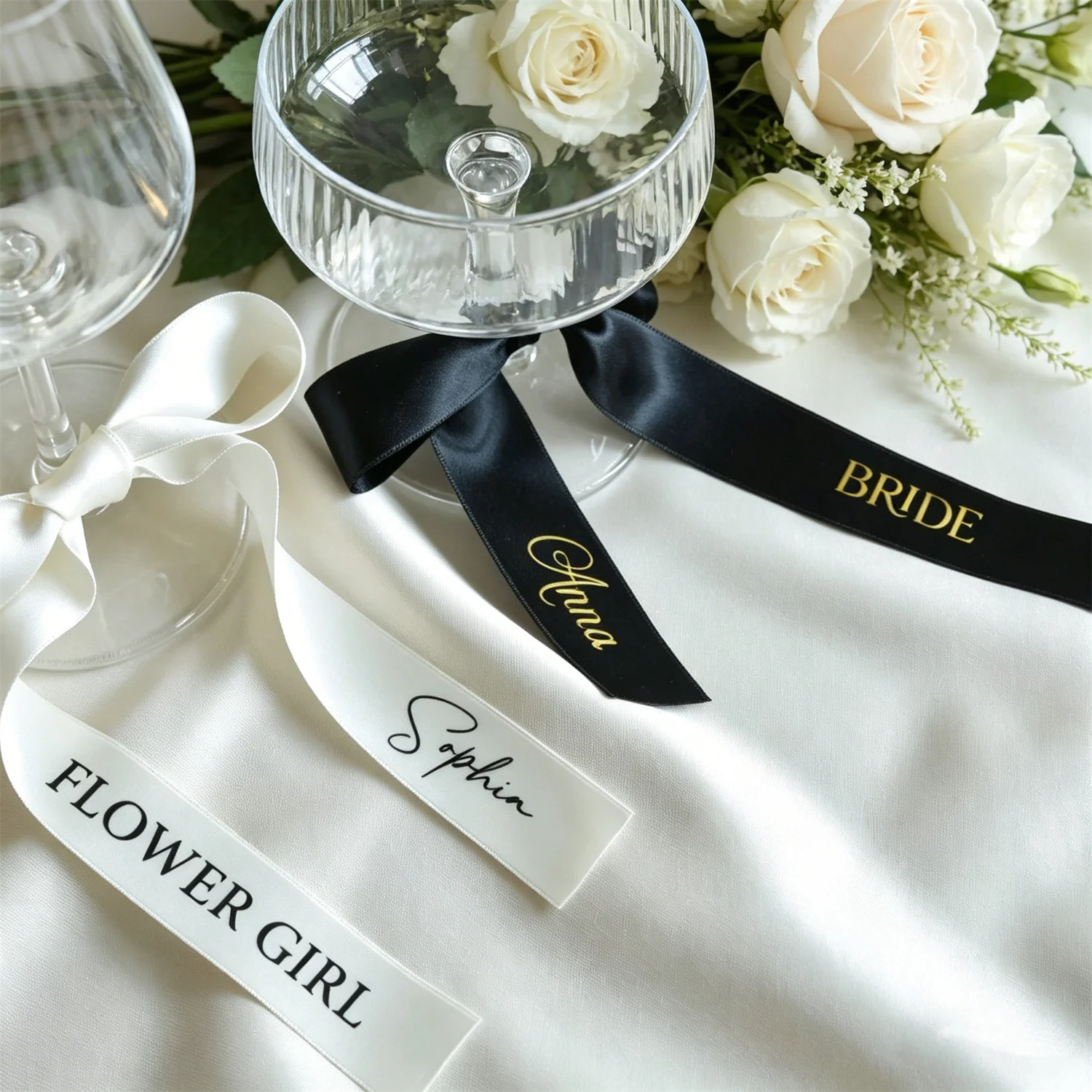 70cm Personalized Name Bow, Wedding Place Cards, Elegant Wed Ribbon Nametag, Name Place Setting, Custom Ribbon, Wedding Meal Cho view 3