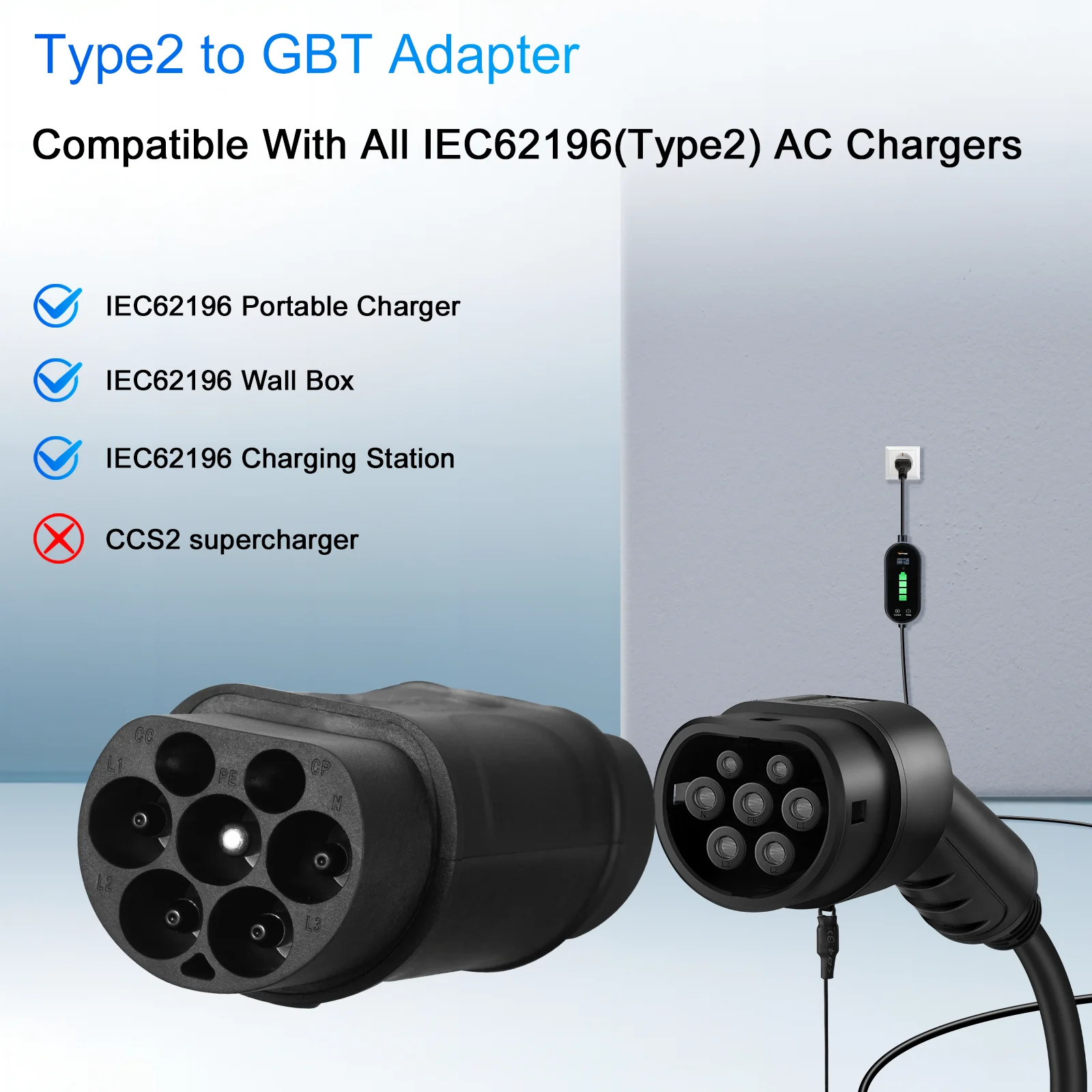 GUWIEYG EV Charger Adapter Type2 to GBT Adapter IEC62196 to GBT Adapter 32A 3Phase 22KW /32A 1Phase 7.2KW