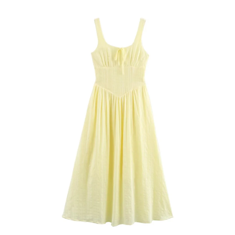 2025 PB&ZA Women's Dress Light Yellow Color Square Neckline and Ruched Bodice with Flared Skirt for a Charming Look