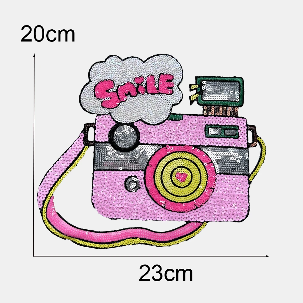 1 Piece 23*20 cm Sequined Camera Patch Fashion Shining Iron on Patch for Clothing DIY Decoration Accessories Back Adhesive