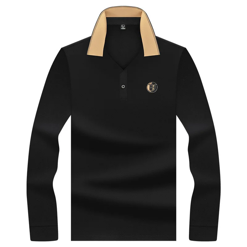 Fashionable Embroidery Horse Polo Shirts for Men Business Casual Solid Long Sleeve Polo Tops