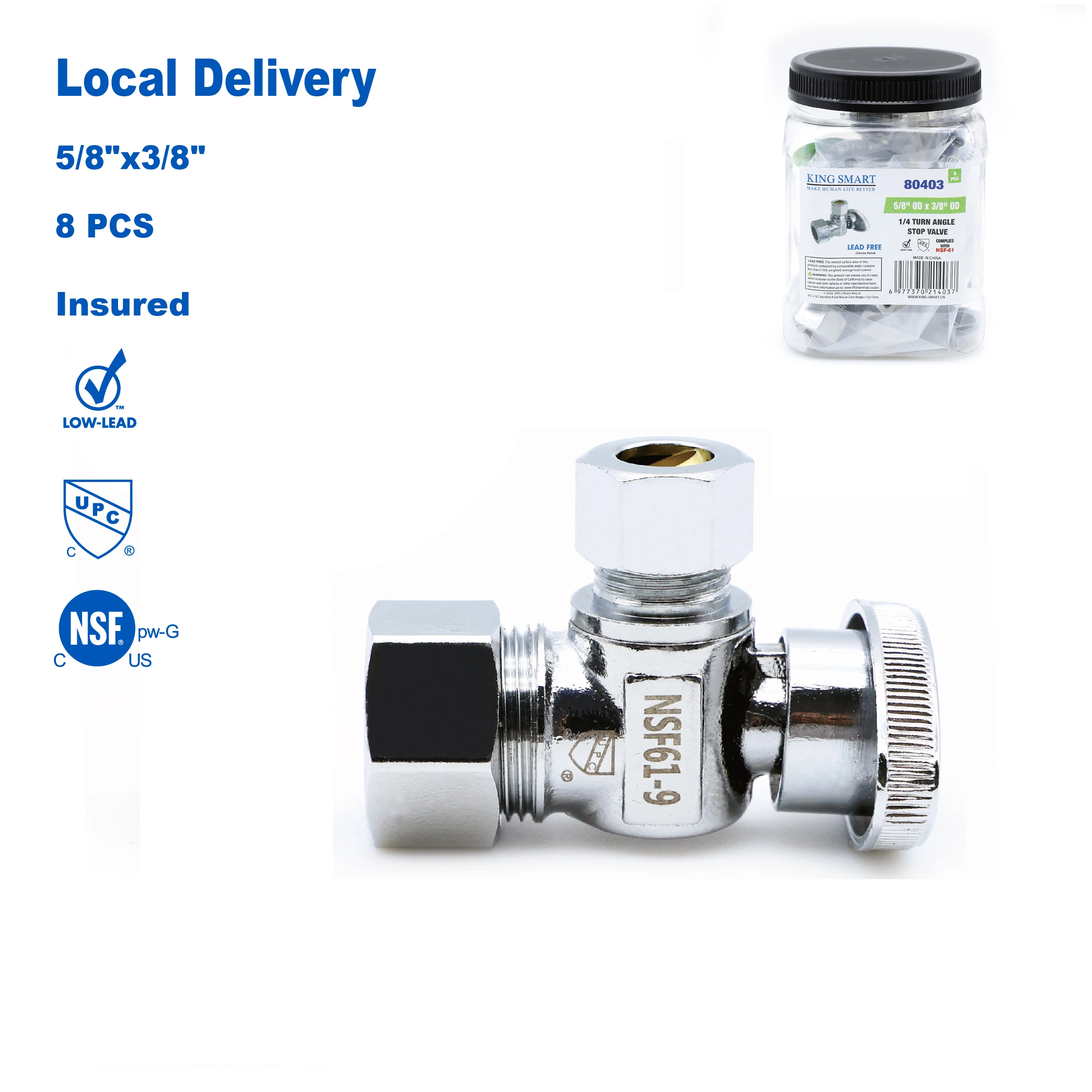 

KING SMART 5/8" Comp. OD * 3/8" Comp. OD 1/4 Turn Angle Compression Stop Valve; 8Pcs/Case; 80403