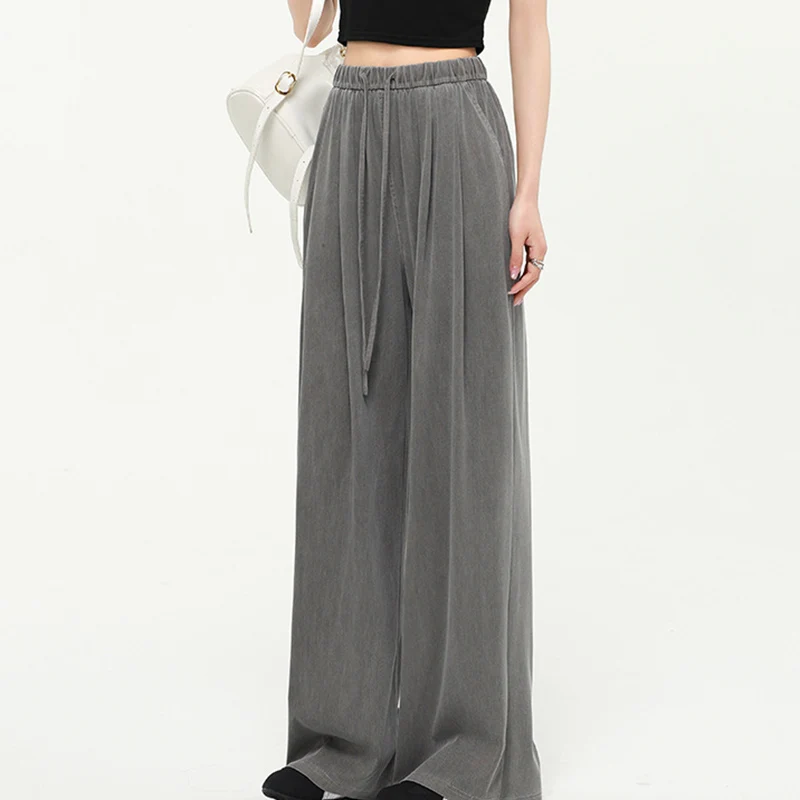 

Эластичные джинсы с высокой талией для женщин, лето-осень, мешковатые широкие брюки, женские универсальные однотонные джинсы на шнуровке, женские