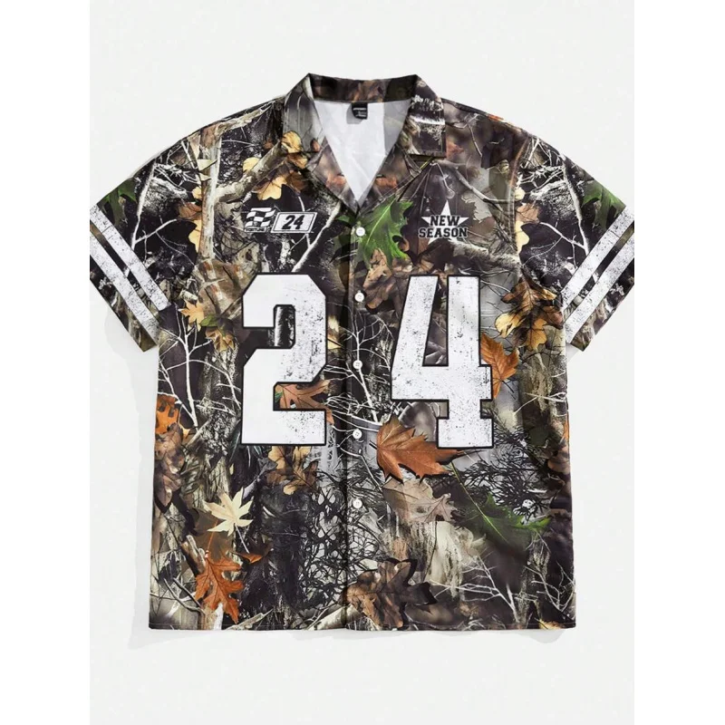 

New summer men's clothing featuring fashionable 3D camouflage maple leaf design with the number 24, oversized casual men's shirt