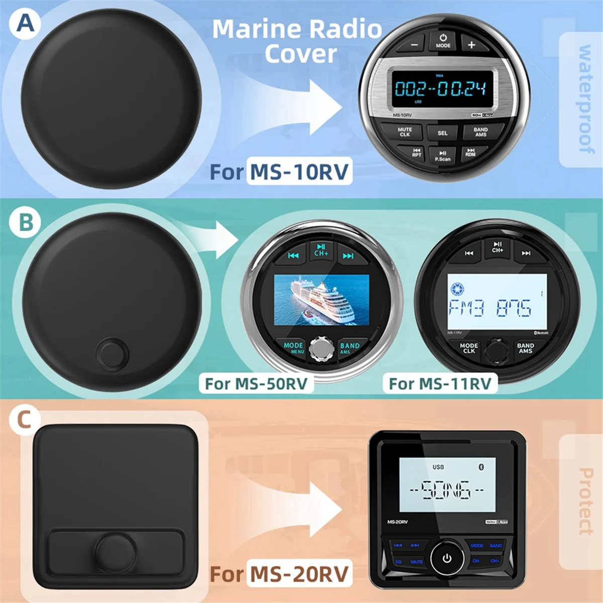 Juste de protection en silicone souple pour radio marine, étanche, trempée, adaptée pour UTV, RL, SPA, RZR, MP3, MP5, FM, bateau