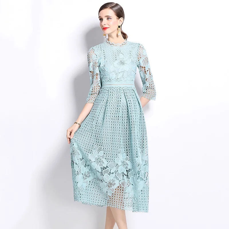 Autumn New Fashion Luxury Women Dress Elegant Slim O-Neck 2/3 Sleeved Hollow Out Lace Dress Vintage Party Dresses
