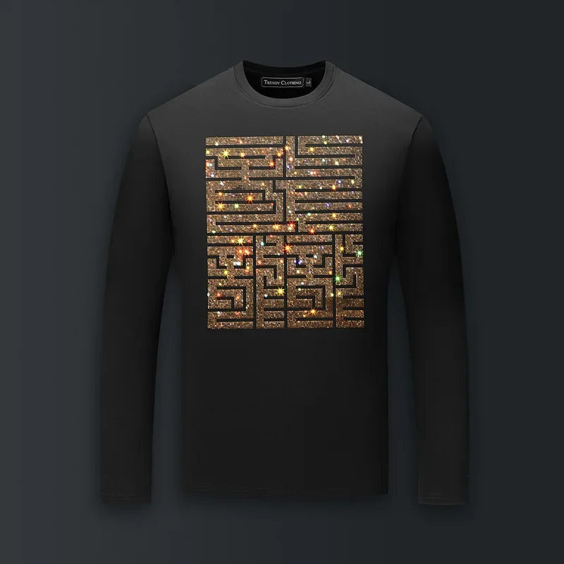 

High Quality Rhinestones T Shirts Men Fashion Streetwear O Neck Long Sleeve Slim Modal Cotton Plus Size Tshirts Mens Clothing