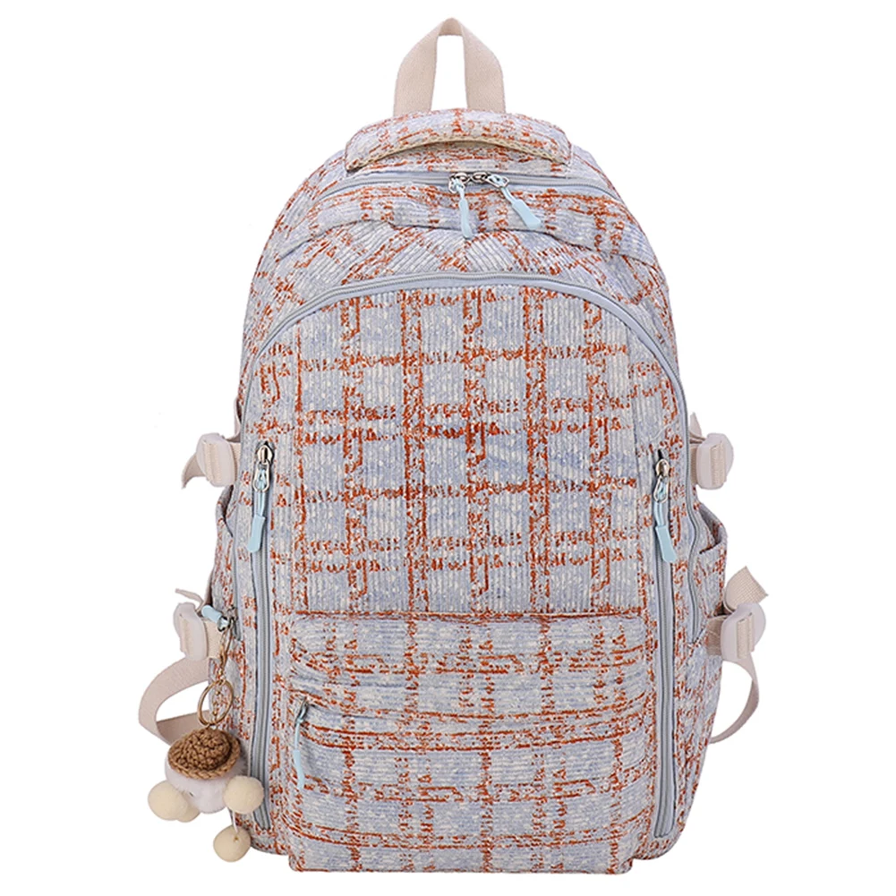 Women Cute Student Backpack with Pendant Corduroy Simple School Backpack Multi-Pockets Students Daily Backpack