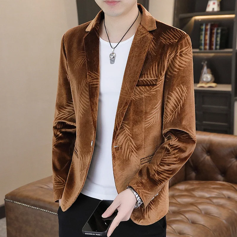 HOO 2024 Men's Spring New Gold Velvet Bamboo Leaf Flower Jacquard Handsome Casual   blazer