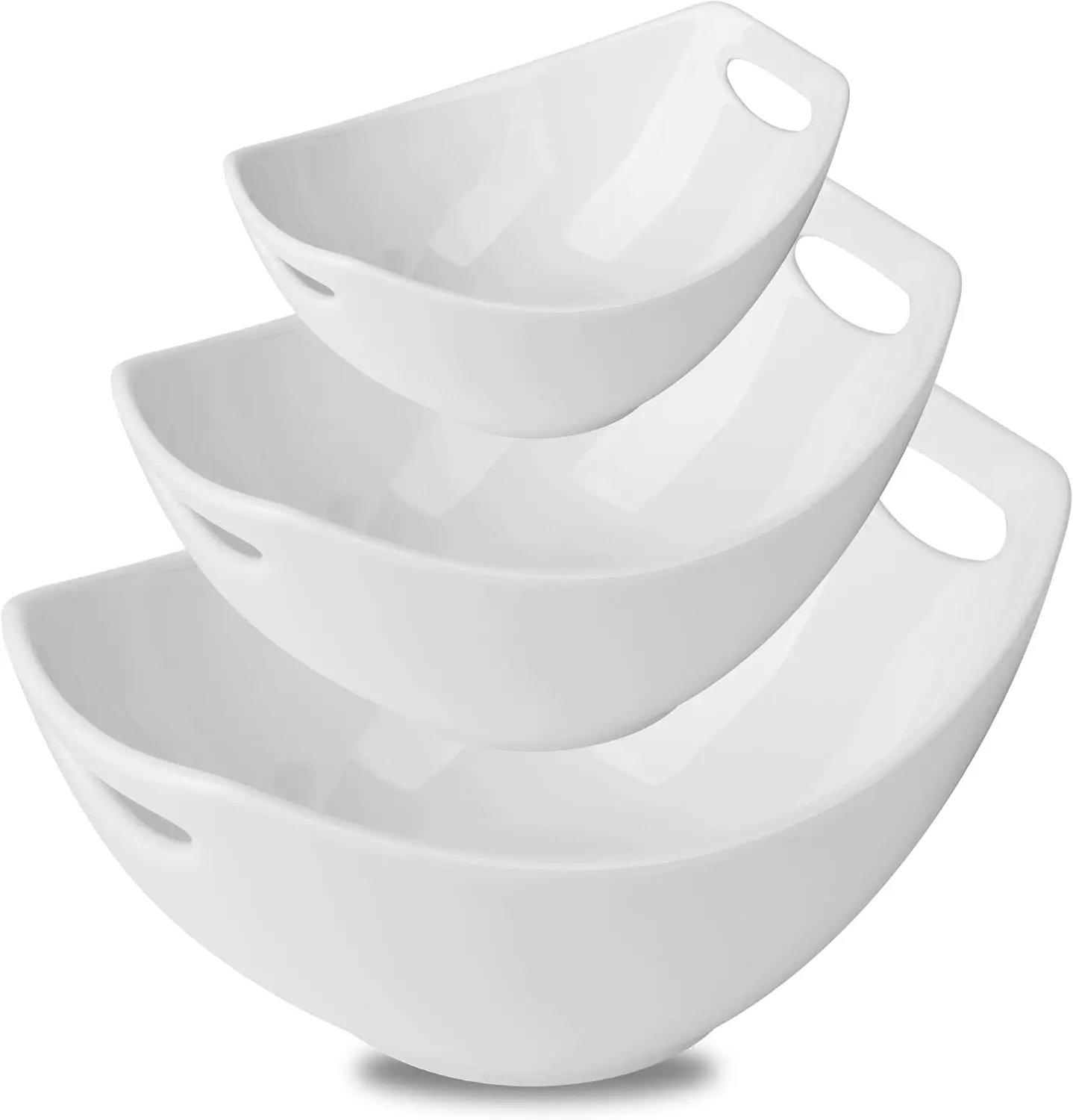 3-Piece Porcelain Serving Bowls with Handles, Microwave and Dishwasher Safe, White Nesting Set for Entertaining