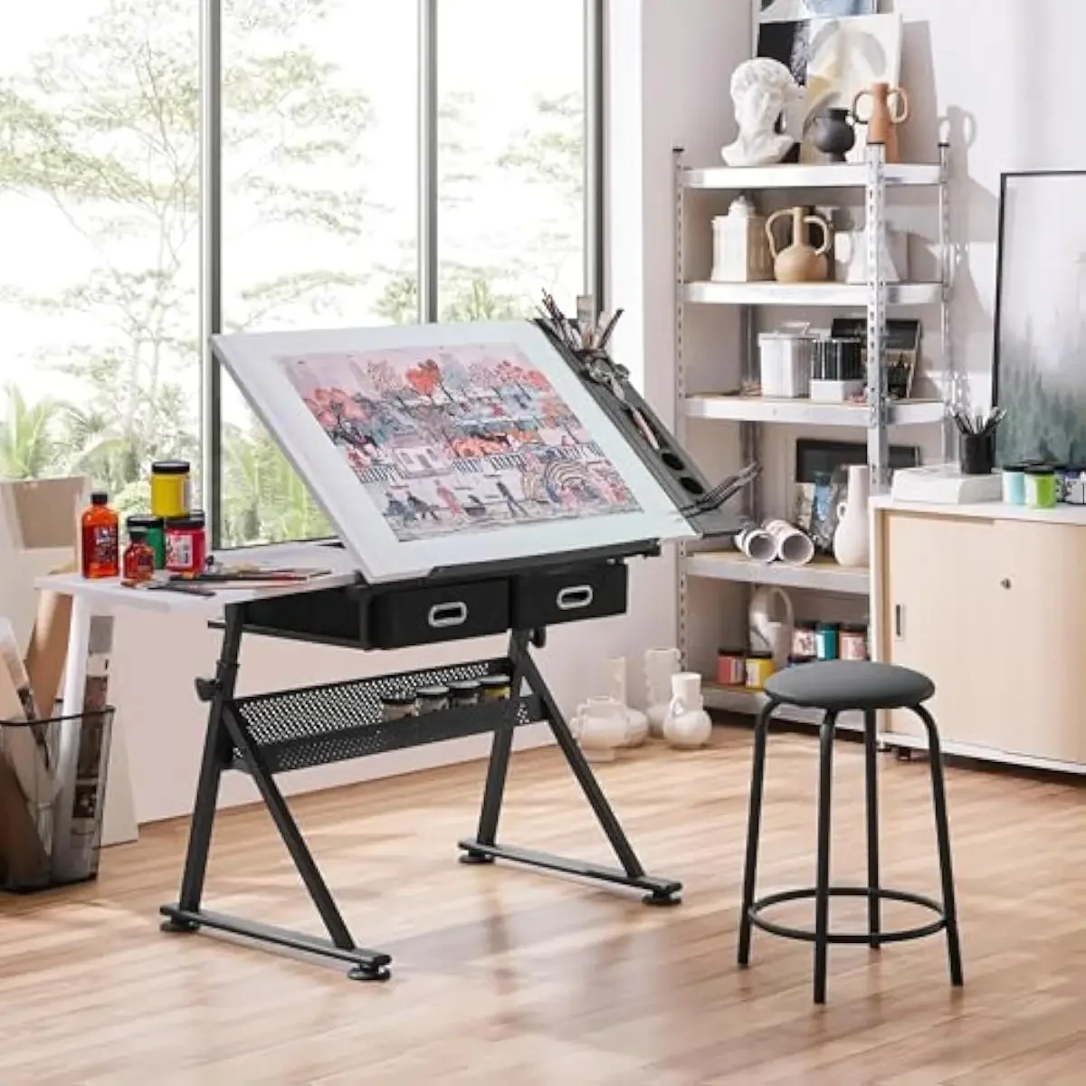Adjustable Angle Drafting Desk with Slide-Out Reference Surface Storage Drawers Pencil Ledge and Heavy-Duty Metal Frame for Art