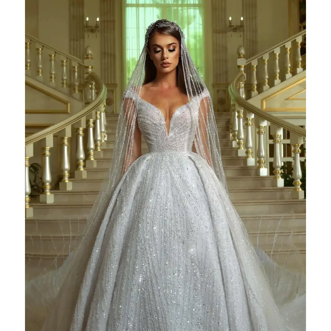 

Luxury Sparkling Princess Wedding Dress V-neck Long Sleeve Sparkling Beaded Prom Dresses A-line Floor length Skirt Customized