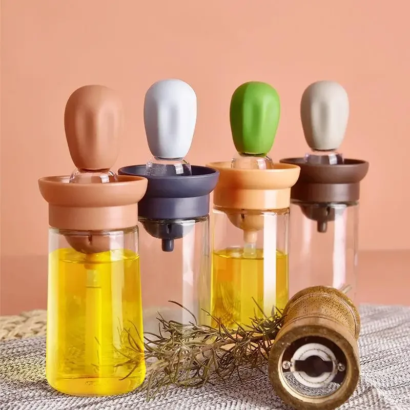 Modern Simple Kitchen Silicone Oil Bottle Quantitative Baking Brush Oil Brush Integrated Oil Absorption round Shape Glass Bottle