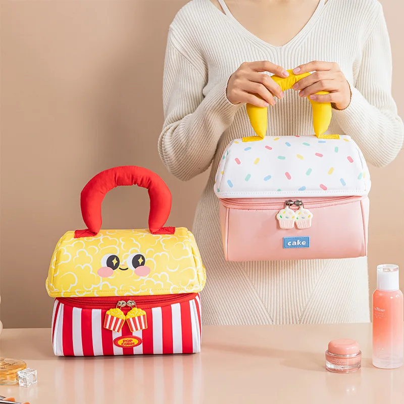 Bolsa de Cosméticos con Diseño de Comida de Dibujos Animados, Linda Bolsa Organizadora de Maquillaje con Estampado de Palomitas y Sandía, Estuche de Viaje Portátil para Mujeres