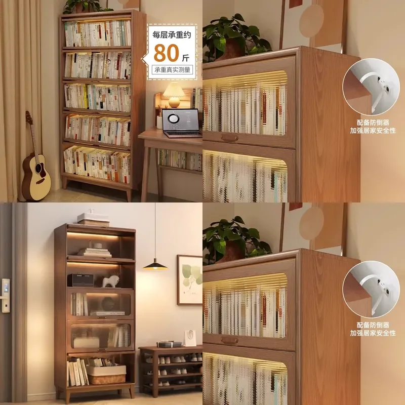 For Solid Wood Bookcase with Glass Door Dust-proof Floor-to-ceiling Shelf Nordic Simple Vertical Cabinet for Home Living Room