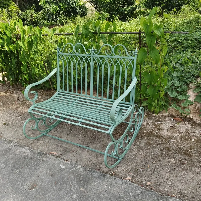 Wrought Iron Double Rocking Chair Outdoor Garden Balcony Recliner Rustic Patio Furniture Two Person Seat
