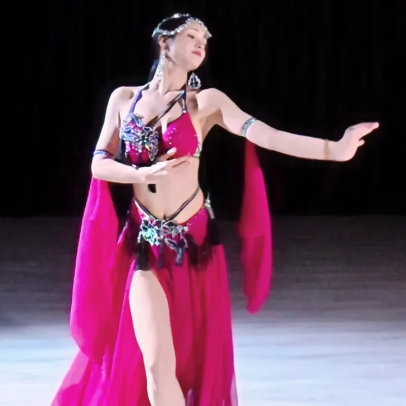 Customized Belly Dance Costumes Set Performance Dress Class Clothes Temperament Practice Dress Rose Red Tassel Performance Dress