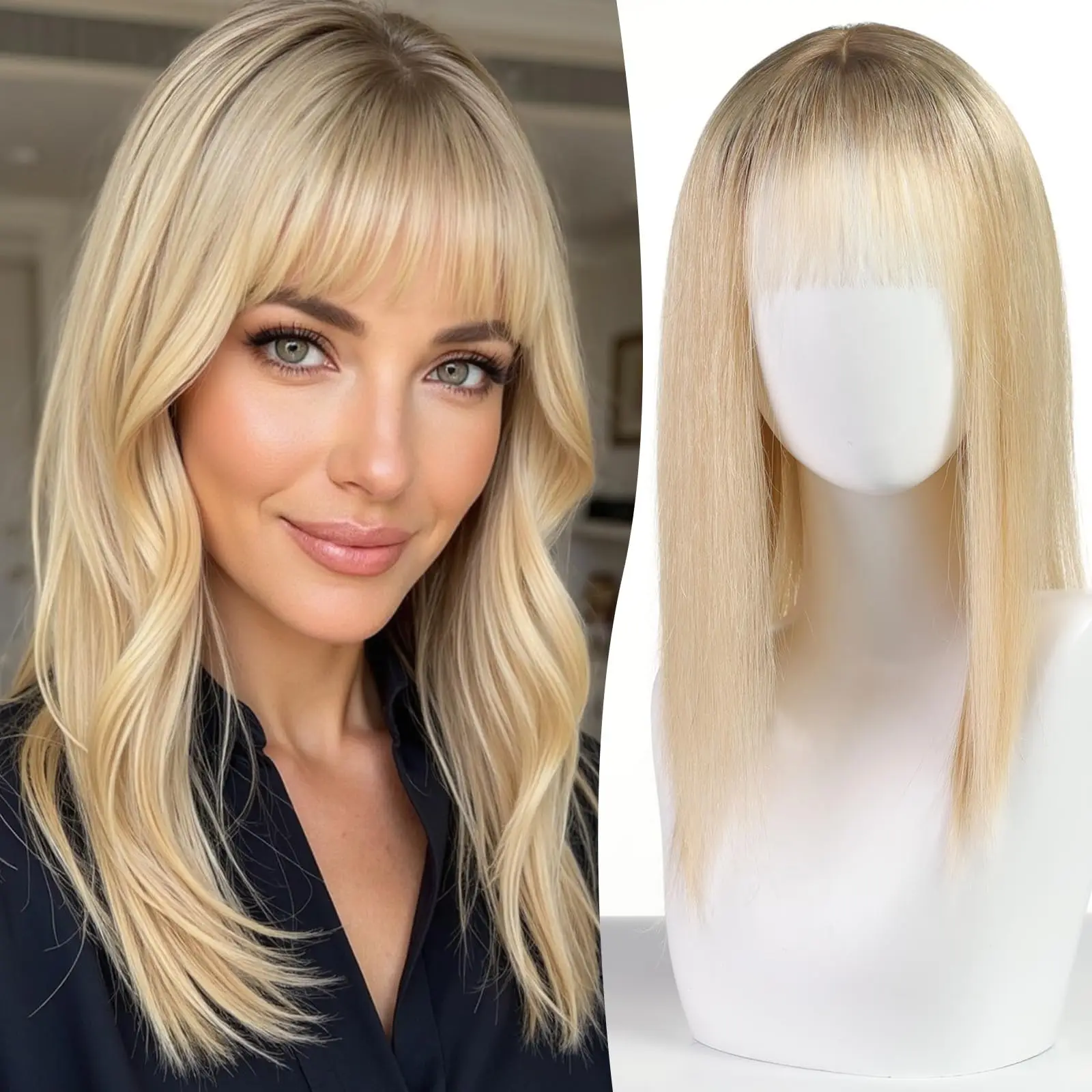 16inch Ombre Light Blonde Human Hair Toppers 9x9inch Natural Remy 5Clips Silk Base Hair Topper with Bangs in Extension for Women