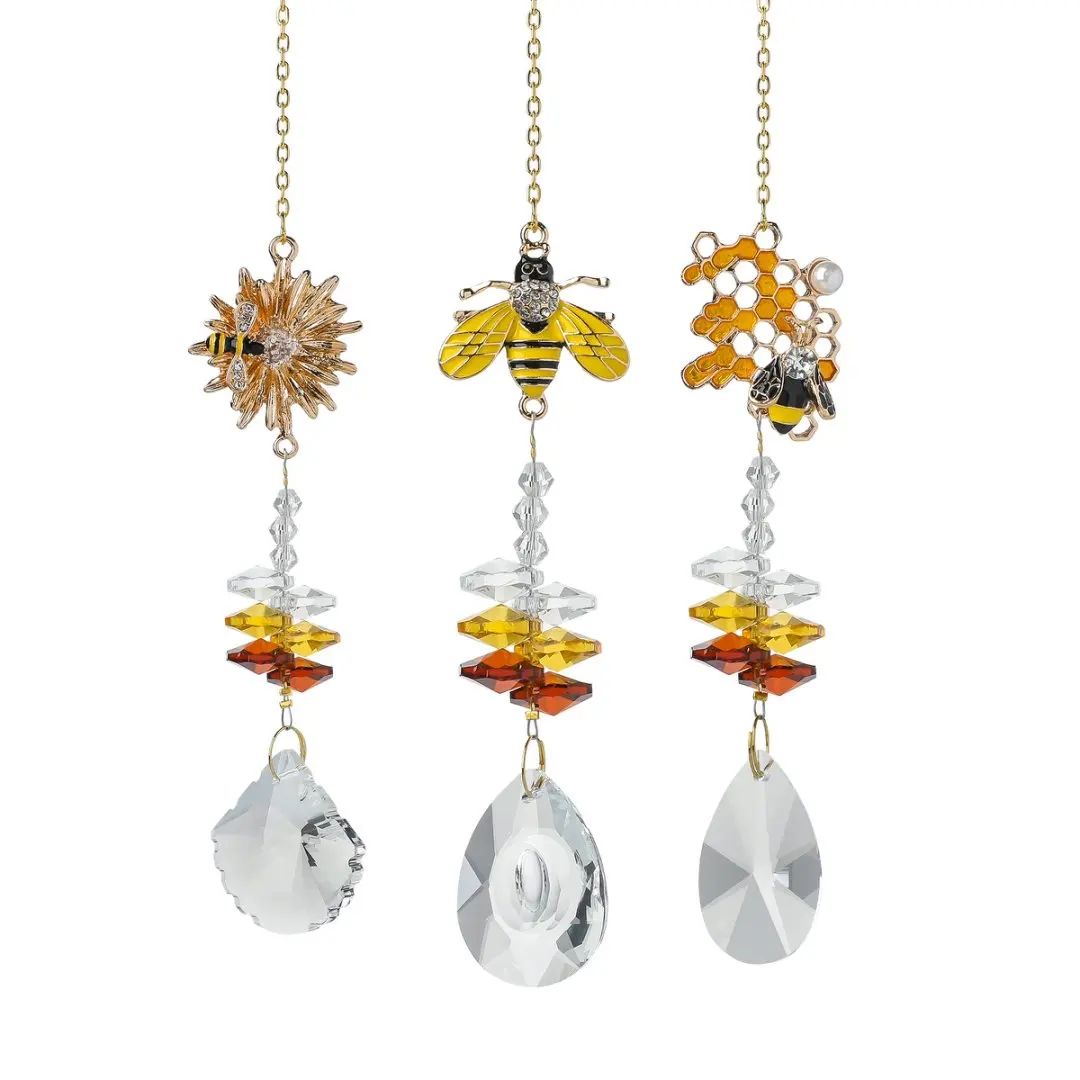 Crystal Suncatcher Honeycomb Bee Glass Prism Rhinestone Rainbow Maker Window Hanging Indoor Garden Decor
