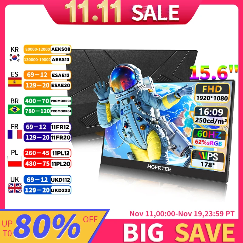 

15.6" FHD 62%sRGB 250Nits Ultra thin Back Stand Design Portable Monitor for Phone Gaming Laptop