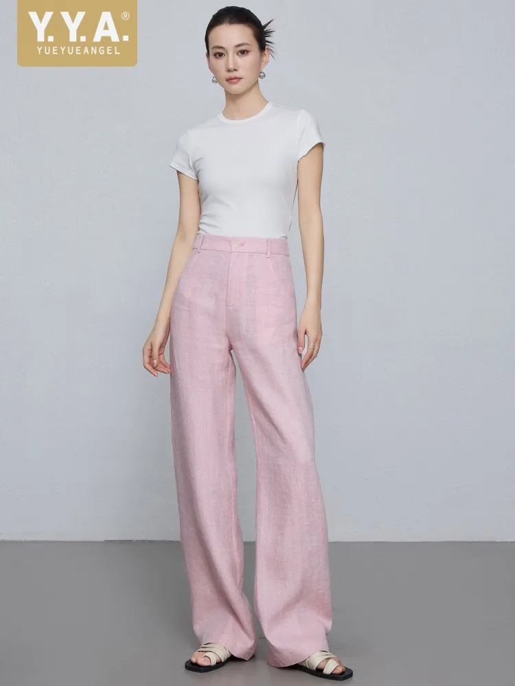 Fashion Summer Women Casual New Pink Breathable 100% Linen Wide Leg Pants Comfortable Loose Fit Pants Ladies High Waist Trousers