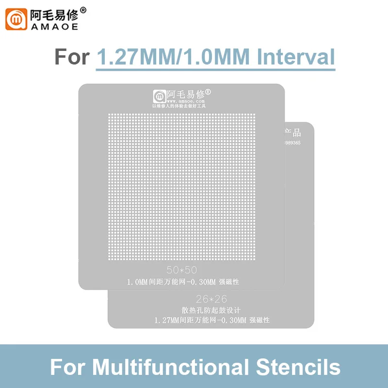 Amaoe Universal BGA Reballing Stencil 1.0/1.27mm Spacing 50*50/26*26 For IC Chip Tin Planting Soldering Repair