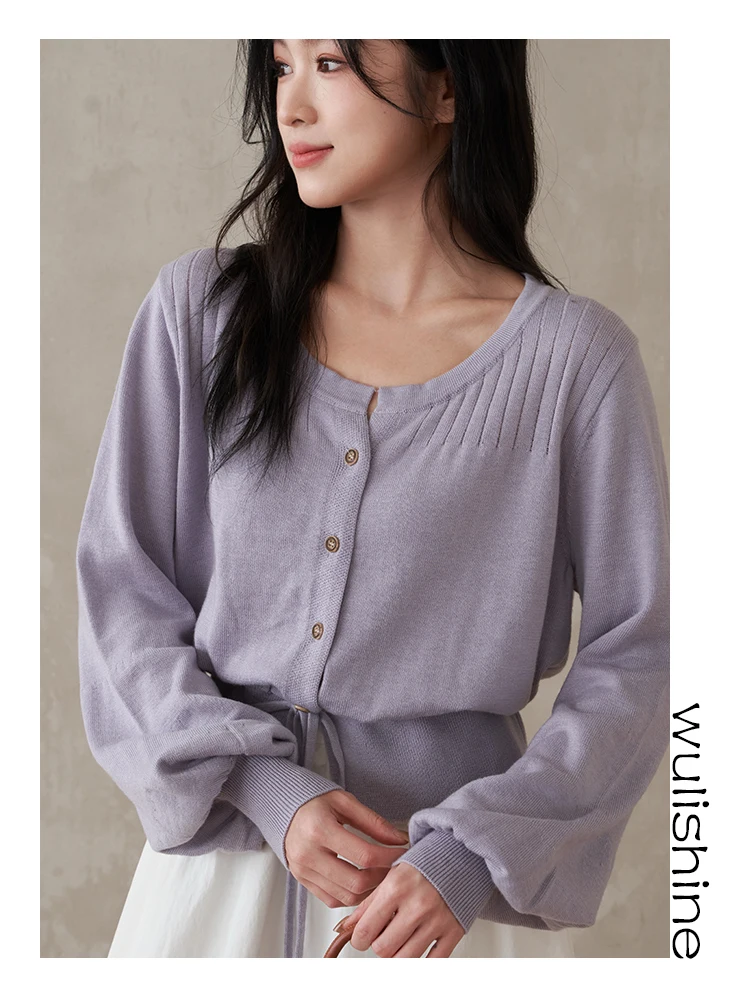 

Silk Wool Knitted Cardigan Dstring Waist Lantern Sve ort Sle Women's Casual Faion Spring Season Thin Long Sve