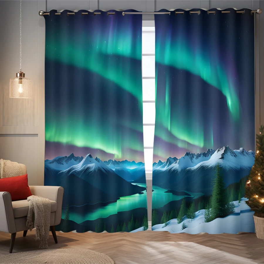 2PC high blackout perforated polyester curtain, double-sided matte, left and right facing, beautiful Nordic scenery aurora